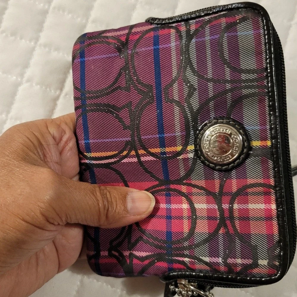 VTG Y2K Coach Poppy Glam Glitter Tartan Plaid Signature C Wristlet Pink Blue Hot